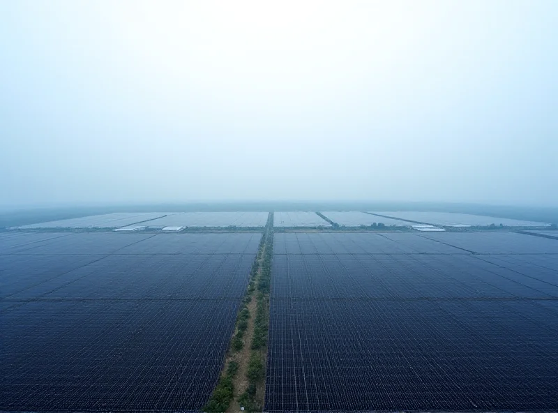 A sprawling solar panel farm in China under a hazy sky, illustrating the scale of China's renewable energy infrastructure.