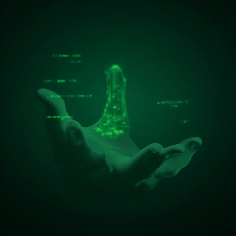 A close-up of a hand interacting with a holographic display showing AI code, highlighting the complexity and pervasiveness of AI technology.