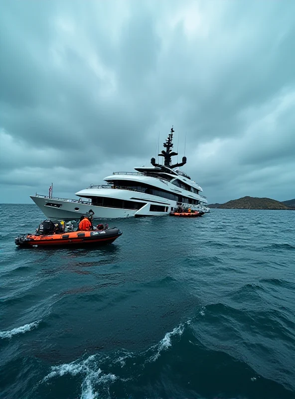 A partially submerged superyacht, the Bayesian, surrounded by rescue boats and recovery equipment.