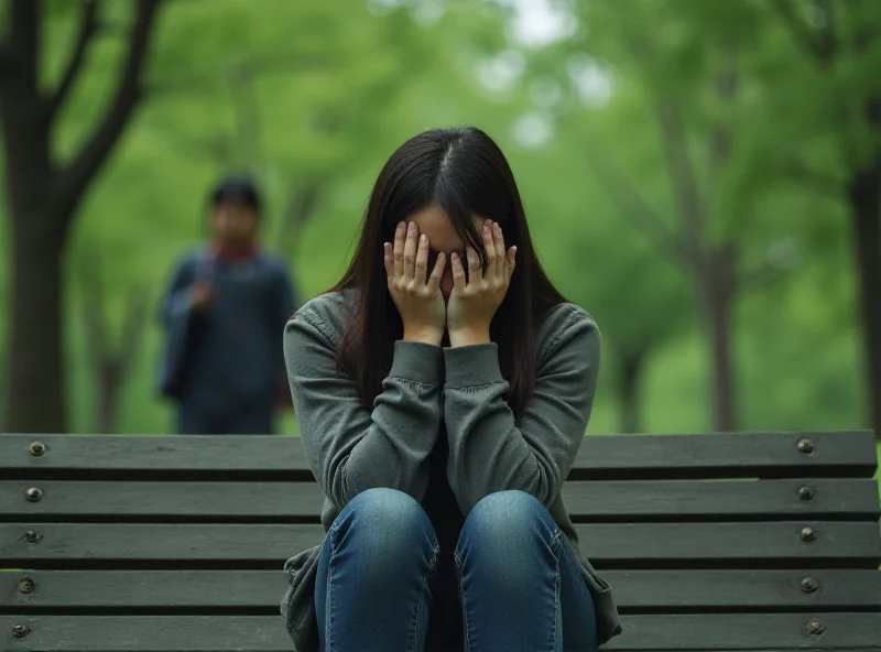 An AI generated image of a young woman looking distraught in a park, with her parents in the background.