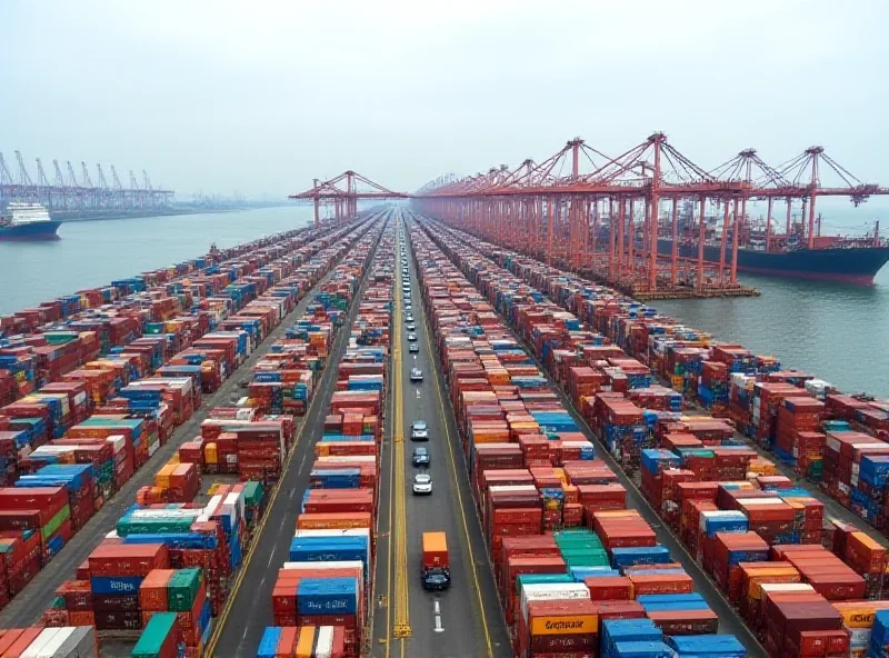 Aerial view of shipping containers at a busy port in China.