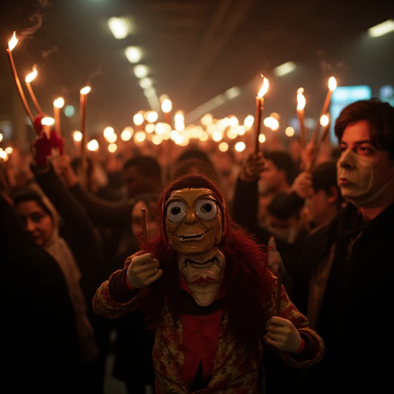 A crowd of people gathered in a dimly lit underpass in Hong Kong, holding incense sticks and effigies, participating in a traditional ritual with a somber and intense atmosphere.
