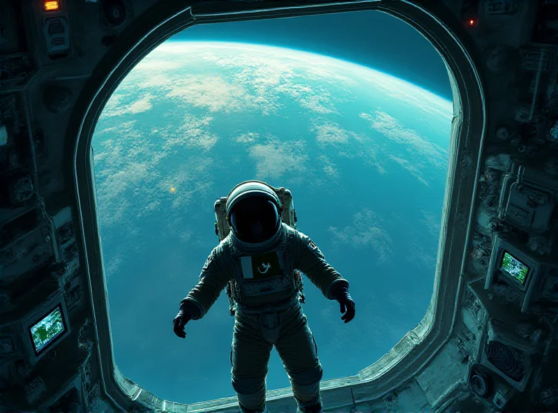 Illustration of a Pakistani astronaut on the Tiangong space station, waving to Earth.