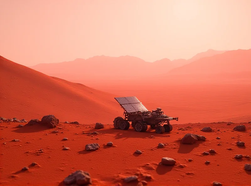 A panoramic view of Mars, featuring the Zhurong rover in the foreground and a vast, sandy landscape stretching to the horizon.