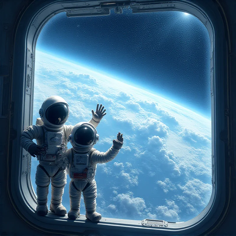 Digital artwork depicting the Tiangong space station with a Chinese and a Pakistani astronaut waving from a window.