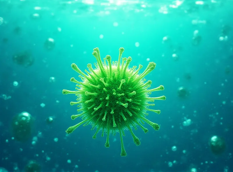 Illustration of Chonkus, a large, green cyanobacterium cell, absorbing carbon dioxide from the air, with a blue ocean background.