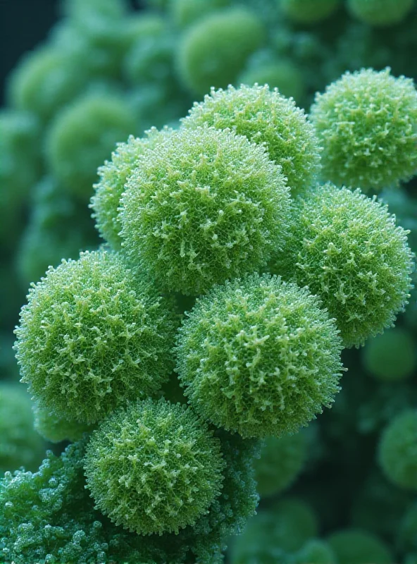 A microscopic view of Chonkus cyanobacteria cells, showing their large size and dense colonies, with a focus on their carbon storage capabilities.