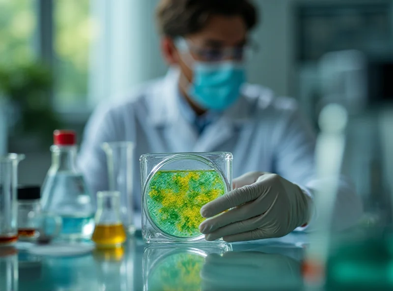 A scientist in a lab coat examining a petri dish containing Chonkus cyanobacteria, with lab equipment and a microscope in the background, representing the research and development aspect.