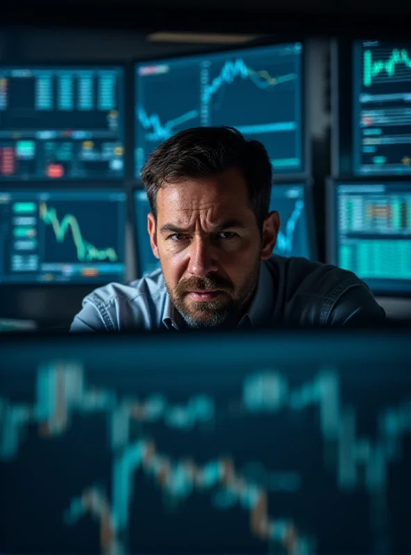 Close-up of a stressed financial analyst looking at computer screens filled with numbers and charts, symbolizing the pressure on Citigroup.