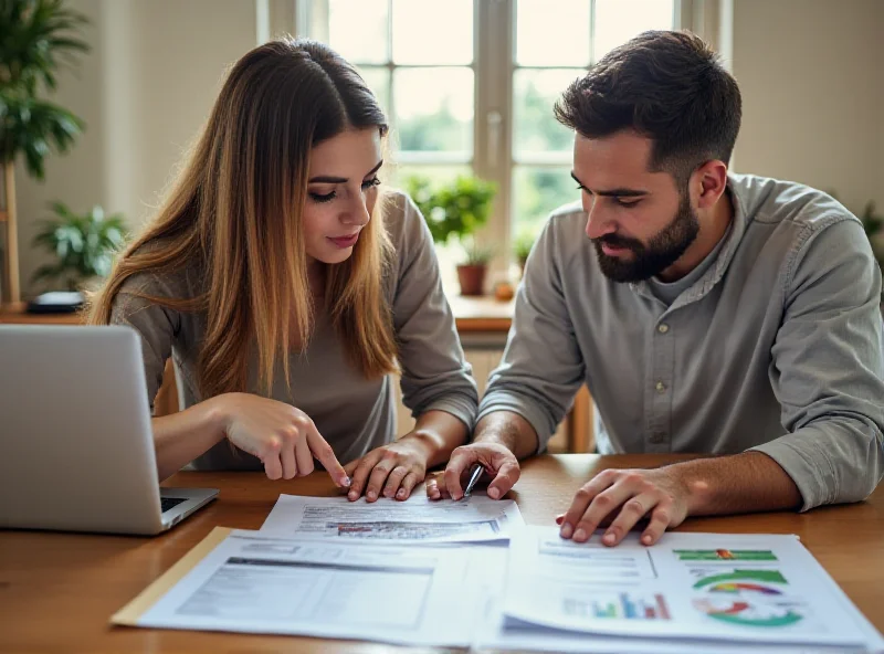 A couple sitting at a table, reviewing financial documents together.