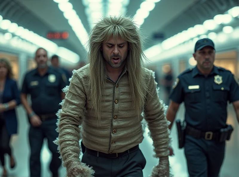 A man with a poorly fitting wig made of packages of cocaine being arrested by Colombian police in an airport.