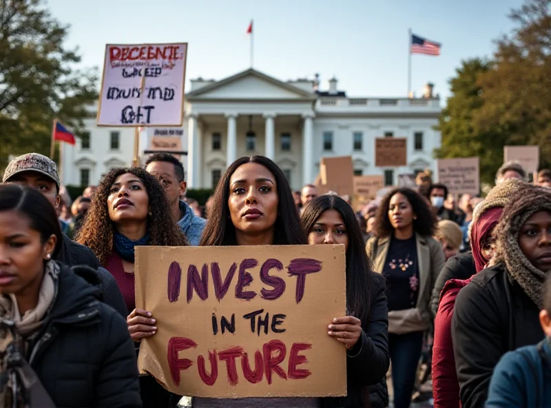 A group of diverse people protesting in front of the White House in Washington D.C. holding signs about development aid.