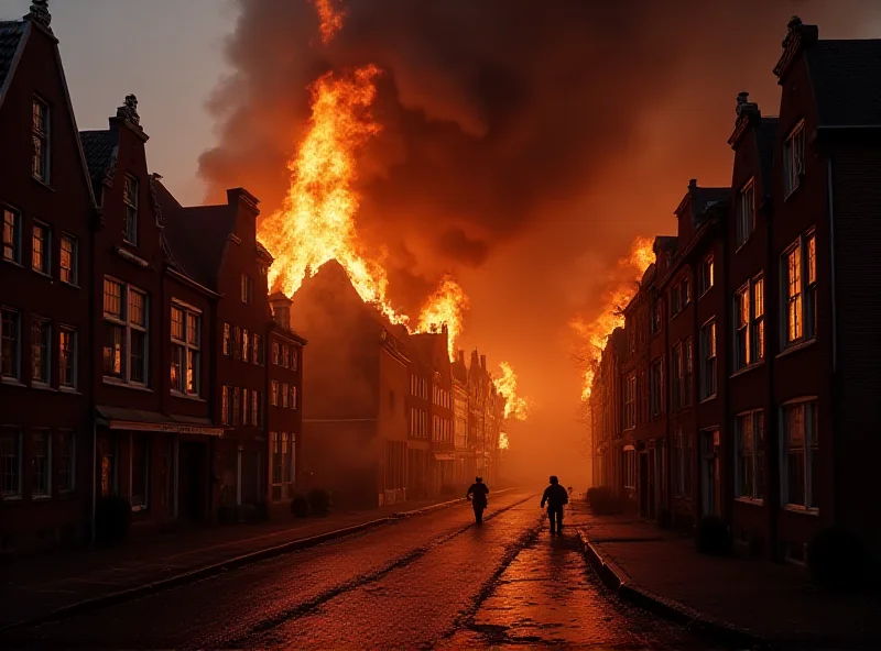 A large fire engulfing buildings in the historic center of Arnhem, Netherlands, with smoke billowing into the sky.
