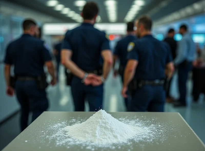 A man being arrested at an airport for drug smuggling, with cocaine hidden in a toupee. Police officers are present.
