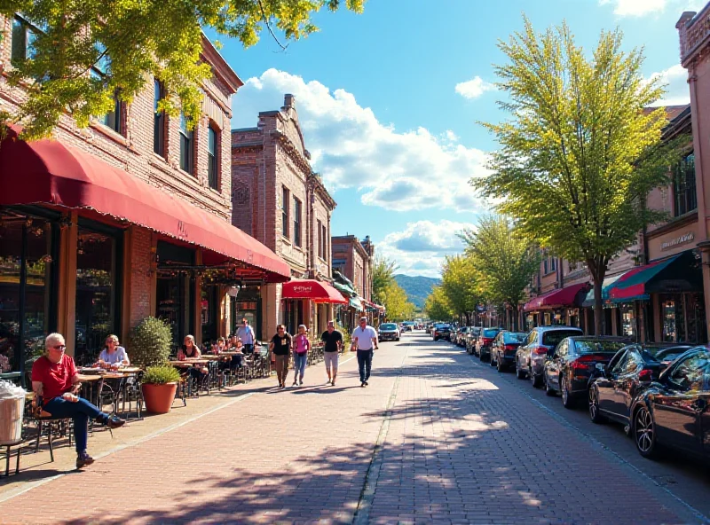 A vibrant street scene in Olde Town Arvada with historic buildings and people enjoying outdoor dining.