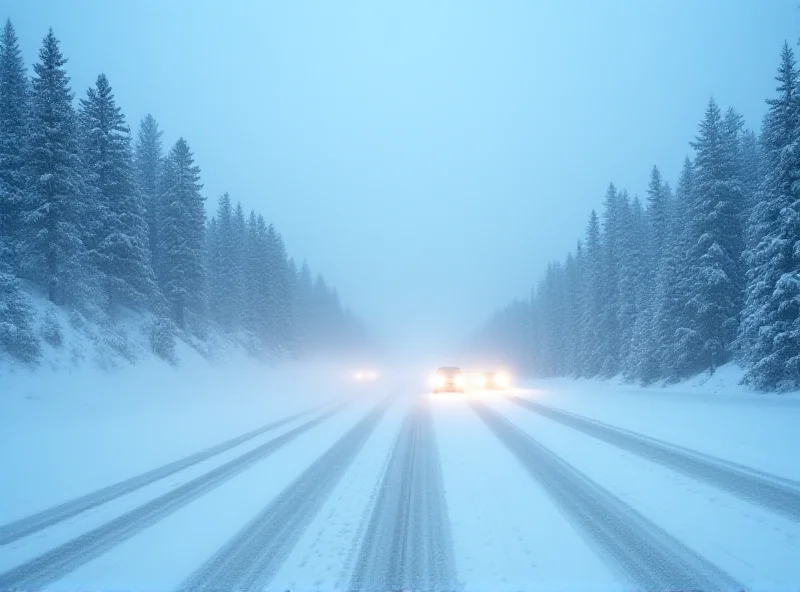 A snow-covered highway with limited visibility during a white-out condition near the Eisenhower Tunnel in Colorado.