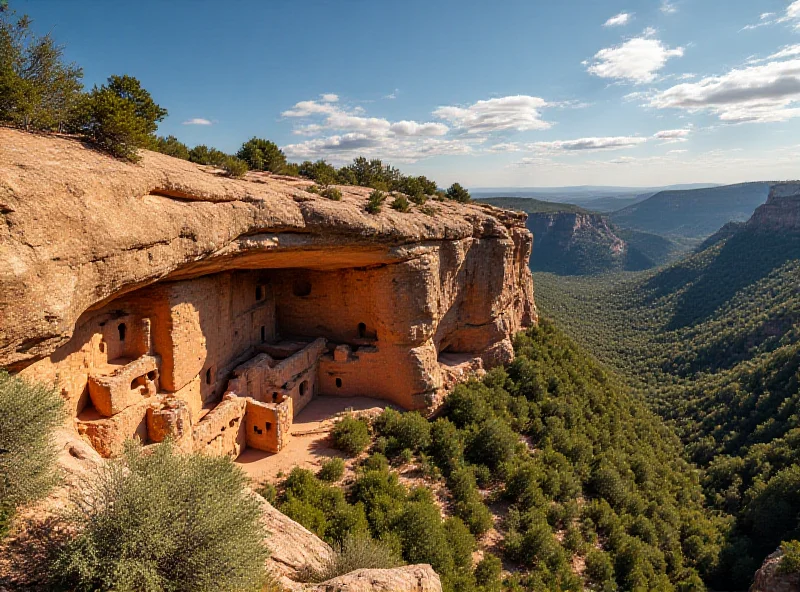 A scenic view of Mesa Verde National Park with ancient cliff dwellings visible in the distance.