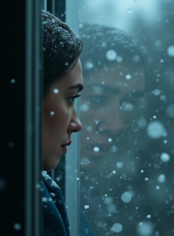 A person looking thoughtfully out of a window on a snowy day.