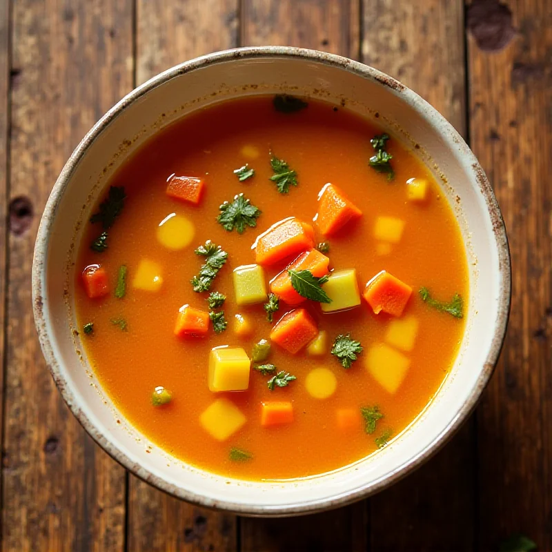 A steaming bowl of homemade soup with vegetables and herbs.