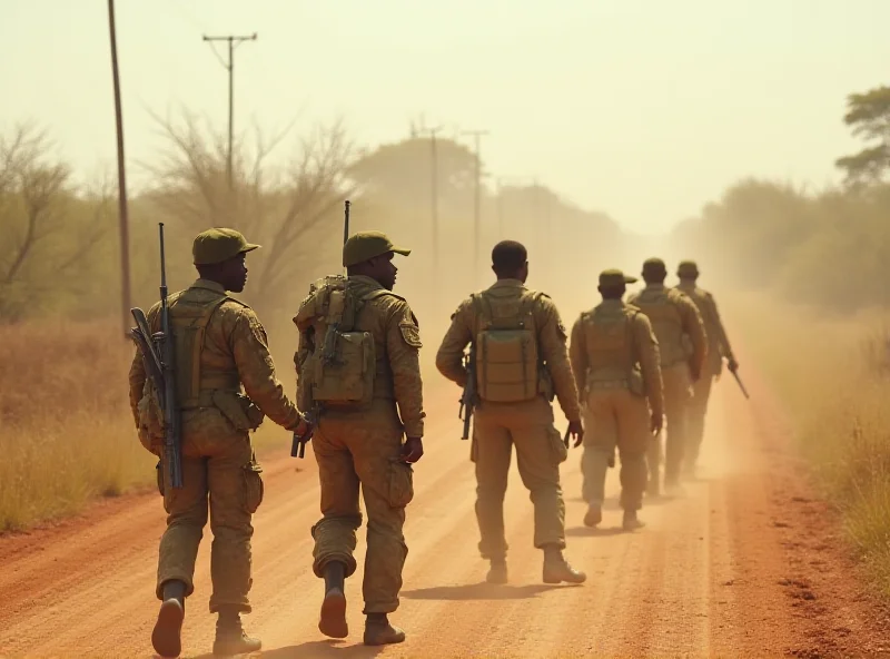 Congolese soldiers patrolling a dusty road