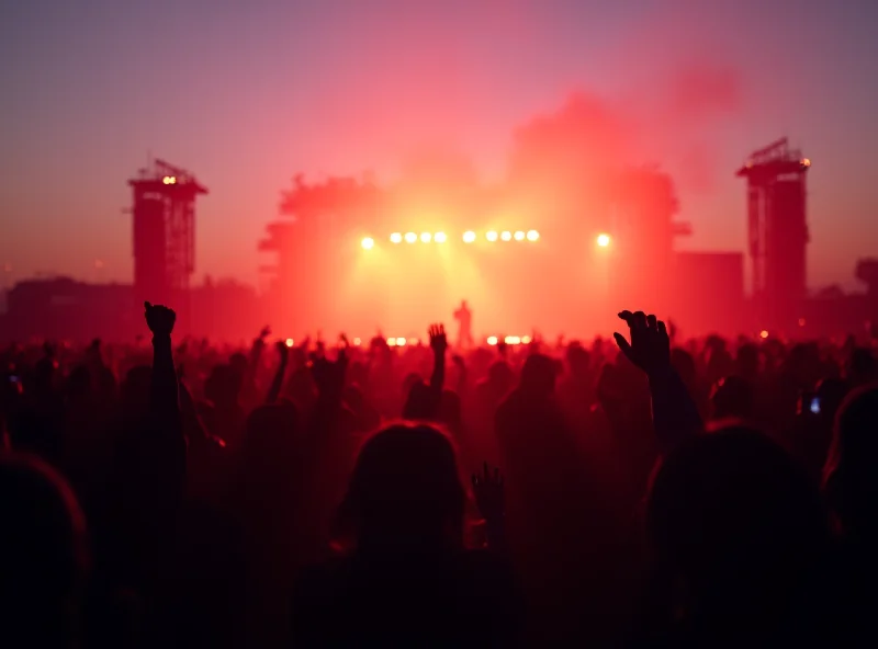 A crowd of people at an outdoor music festival, silhouetted against a colorful sunset