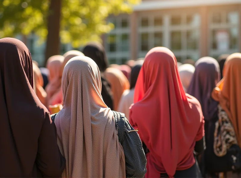 A group of students standing in front of a school, some wearing traditional Islamic veils, while others are not. The scene is a vibrant and diverse representation of cultural integration within the educational environment.