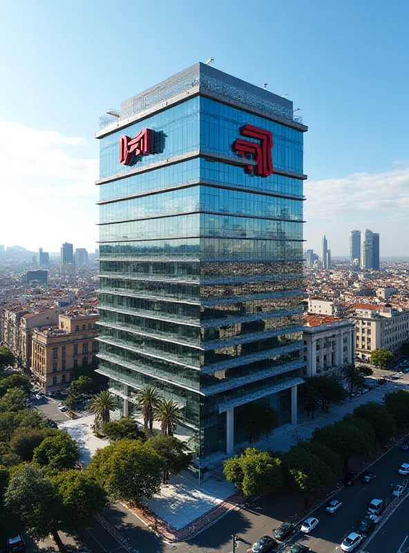 A modern office building with the La Caixa logo prominently displayed. The building is located in a bustling city center, symbolizing the financial institution's return to Catalonia and its integration into the urban landscape.