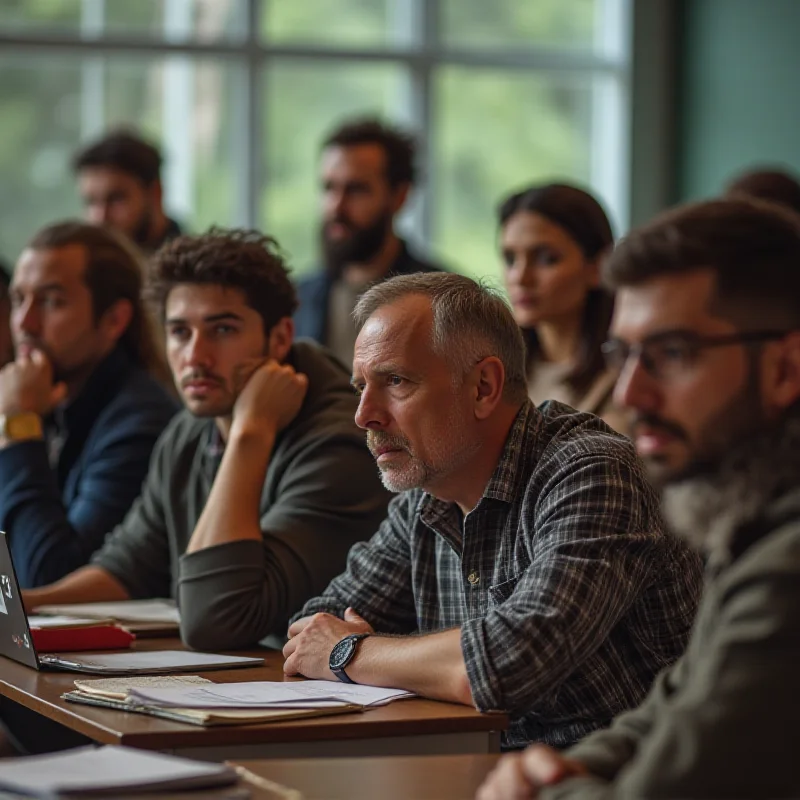 A diverse group of students participating in a classroom discussion about the history of Francoism. The students are engaged and thoughtful, reflecting the government's initiative to educate young people about the importance of democracy and the dangers of authoritarianism.