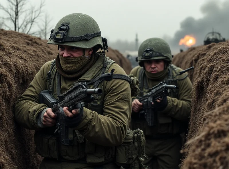Image of Ukrainian soldiers in a trench, looking determined and ready for battle, with artillery fire in the background.