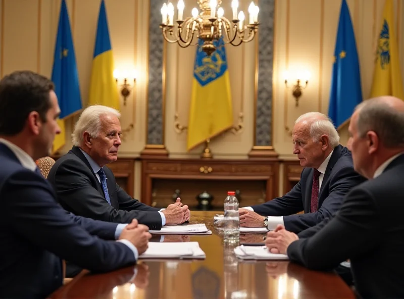 A meeting between Volodymyr Zelenskyy and a Western leader, possibly in a formal setting with flags in the background, signifying diplomatic discussions.