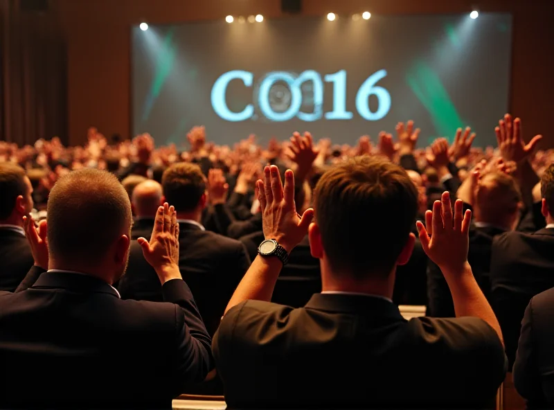 Delegates applauding at the COP16 conference in Rome after reaching an agreement on nature finance.