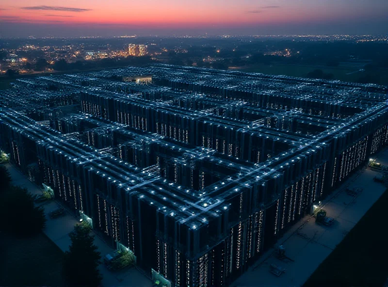 Aerial view of a large data center with rows of servers and cooling systems, reflecting advanced technology and scale.