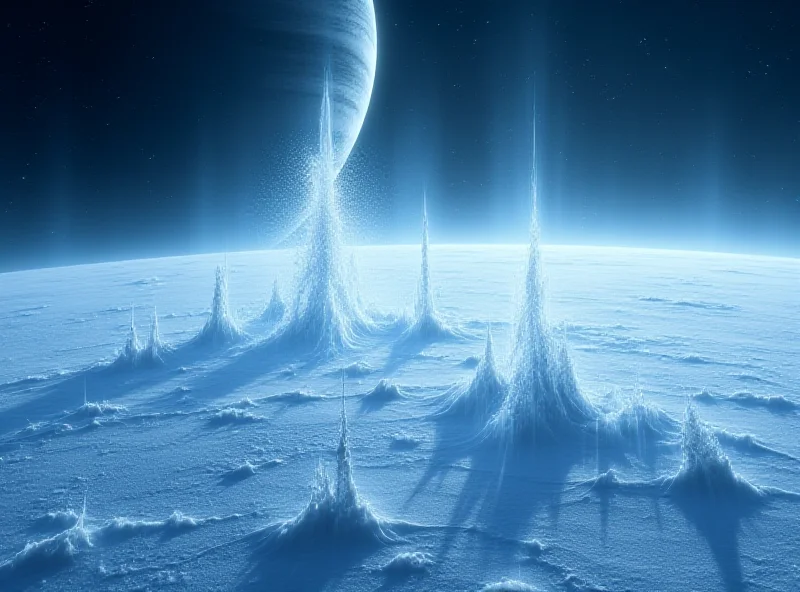 Illustration of Enceladus with geysers erupting from its south pole, with Saturn in the background.