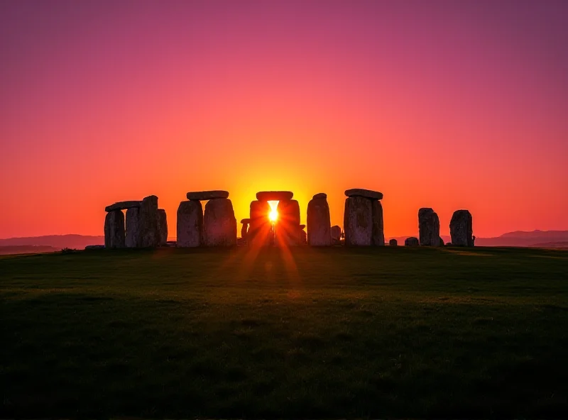A photo of Stonehenge at sunset.