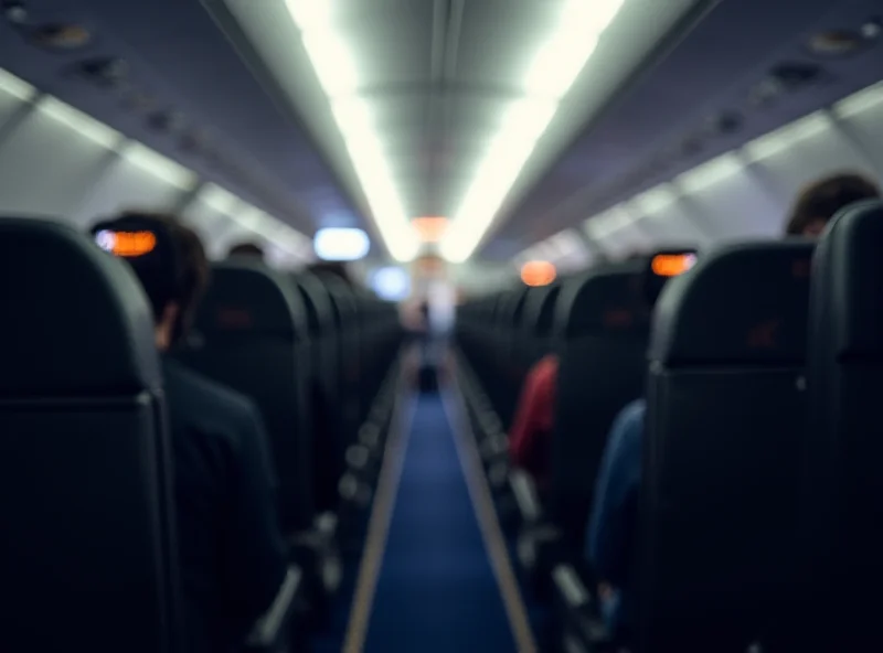Airplane interior with passengers seated, window view, and overhead compartments. Focus on the aisle and general seating arrangement.