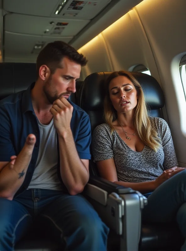 Close-up of a concerned-looking Australian couple on an airplane. The woman looks distraught, and the man appears to be comforting her. Soft, diffused lighting.