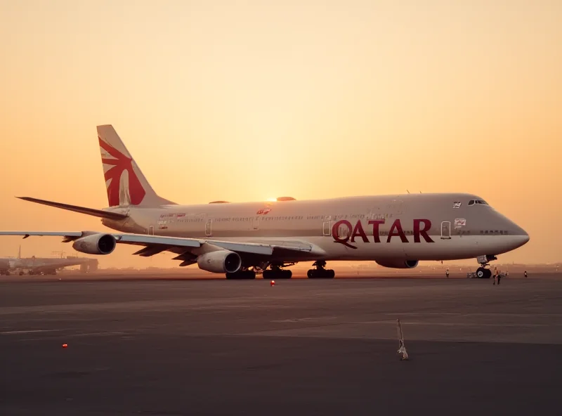 Qatar Airways airplane on the tarmac at Doha International Airport at sunset. Wide shot showing the plane's livery and the airport environment.