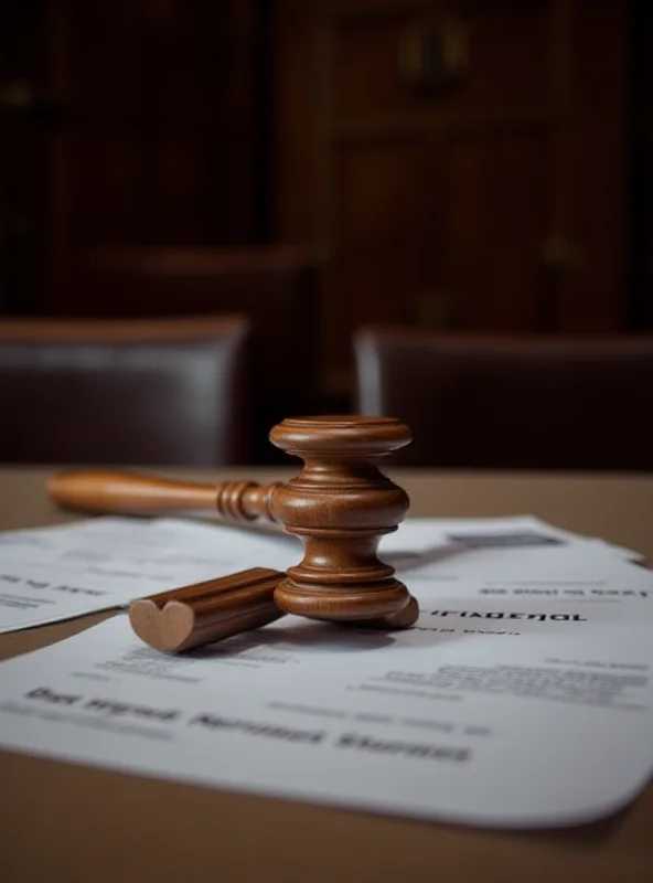 A gavel resting on a stack of legal documents in a courtroom setting. The background is slightly blurred, focusing on the gavel and the documents.