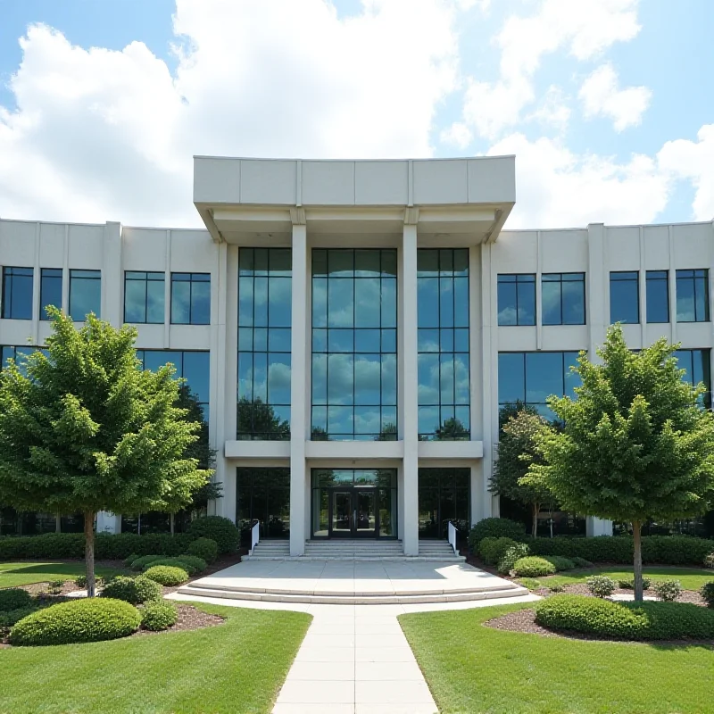 A modern courthouse building with large glass windows and a prominent entrance. The sky is partly cloudy, and there are trees and landscaping around the building.