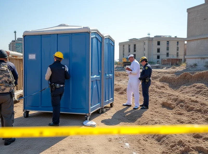 Police officers at a construction site in Ladispoli, Italy, near a portable toilet, with forensic investigators examining the scene. Crime scene tape surrounds the area.