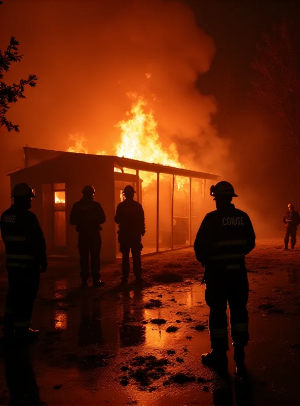 A homeless shelter engulfed in flames at night, firefighters battling the blaze, with police officers securing the perimeter. The scene is chaotic and dramatic.