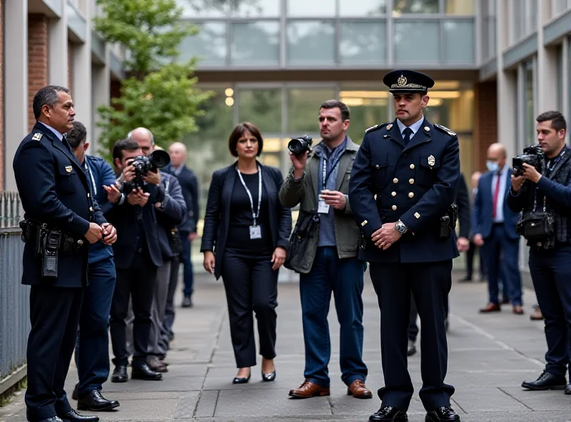 A somber scene outside a London hospital, with police officers standing guard. News reporters and cameras are present, capturing the aftermath of the Fredi Reviro case.