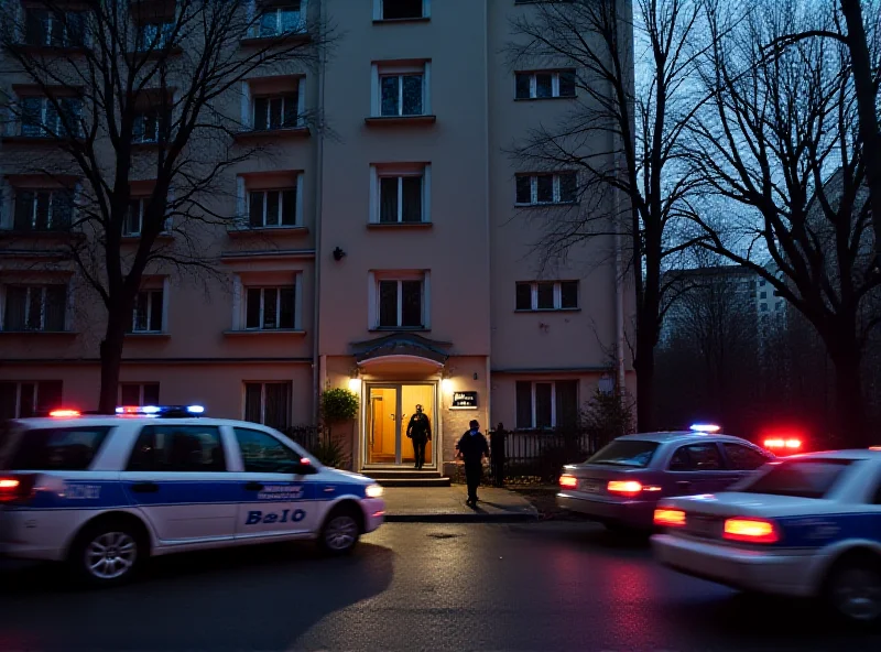 Exterior of an apartment building in Warsaw, Poland, at dusk, with police cars parked outside and crime scene tape visible.