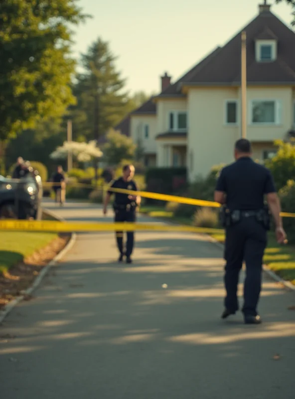 Police officers securing a crime scene with yellow tape in a residential area, focus on the tape and blurred background.