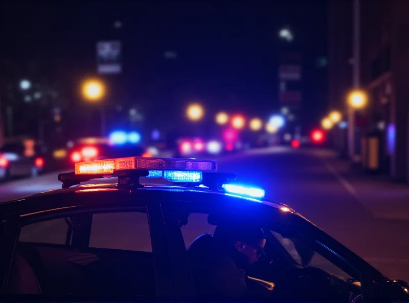 A police car with flashing lights parked on a street at night, with blurred city lights in the background.