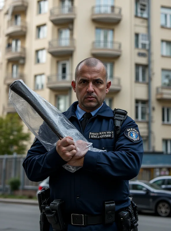 Police officer in Warsaw holding a large machete in an evidence bag, standing outside an apartment building.