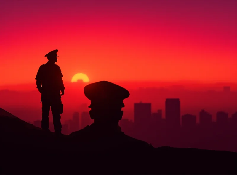 Silhouette of police officer at sunset.