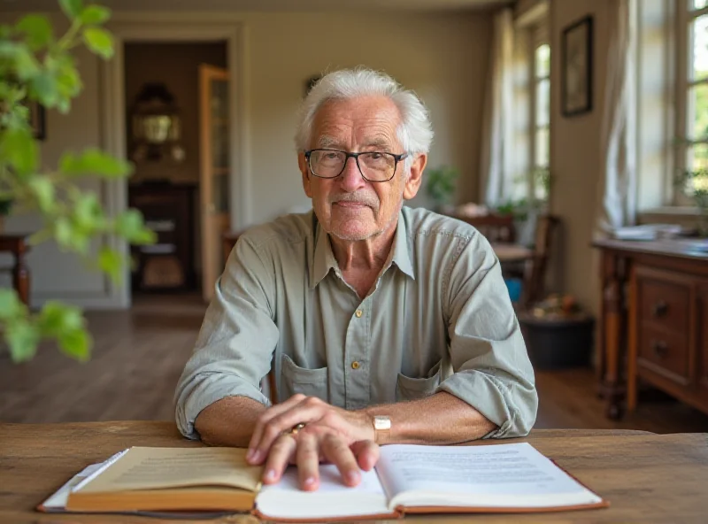 An older man with a kind face studying a Latin textbook in a sunny room.
