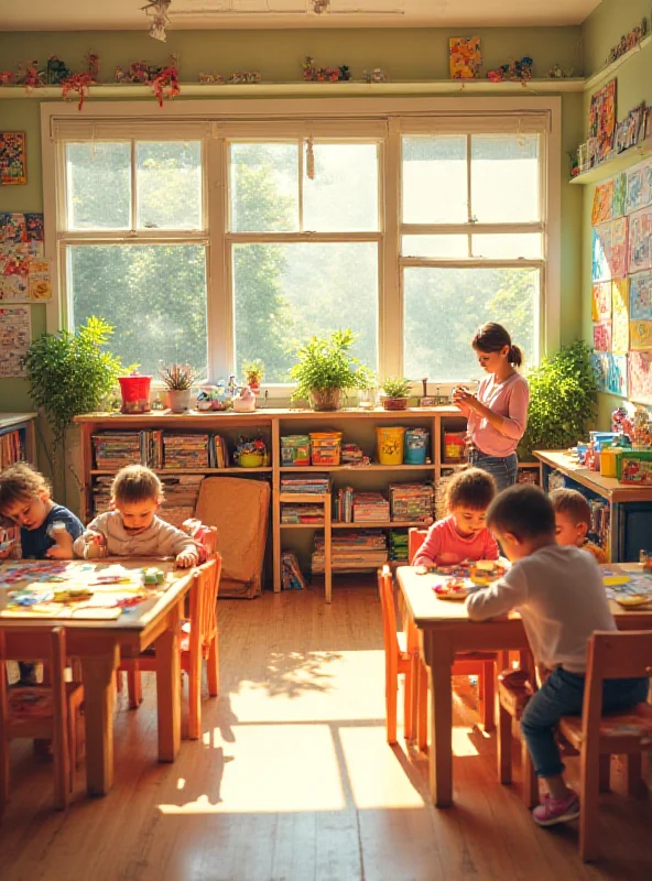 A colorful kindergarten classroom filled with children's artwork and toys.