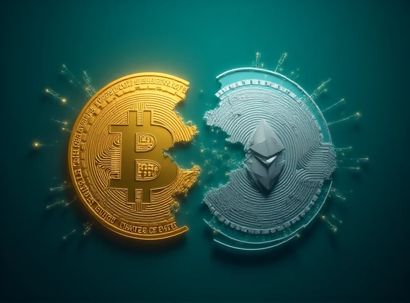 Illustration of a Bitcoin and Ethereum coin merging together, symbolizing a combined ETF.